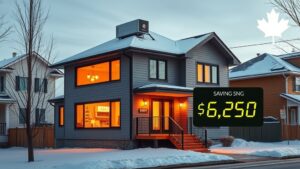 A sleek, modern Quebec home on a snowy street, its rooftop adorned with a gleaming heat‑pump unit, while a glowing calculator on the porch displays $6,280 in savings, all framed by a subtle maple leaf and dollar‑sign motif under soft winter light.