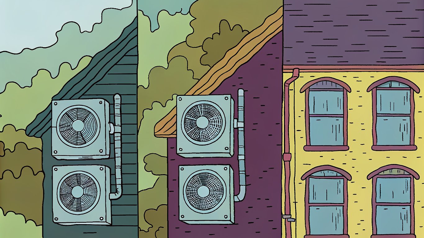 Diagram illustrating the three main types of heat pumps: mural (mini-split), central, and multi-zone systems.