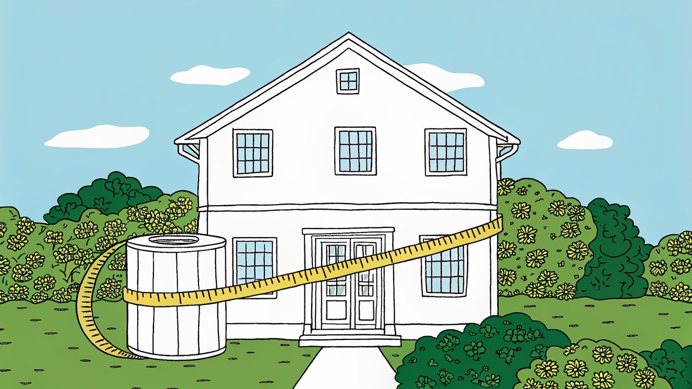 Illustration of a house being measured by a tape measure connected to a heat pump, representing correct sizing.