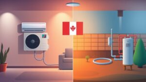 A split‑screen illustration showing a sleek wall‑mounted heat pump in a cozy basement on one side, and a geothermal ground‑loop system in a backyard on the other, framed by a subtle Quebec flag backdrop and soft blue‑orange lighting.
