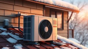 A high‑resolution illustration of a sleek, modern heat pump mounted on a Quebec home roof, set against a snowy winter backdrop, with a calculator and a stack of bills subtly placed beside it, all bathed in warm, inviting lighting.
