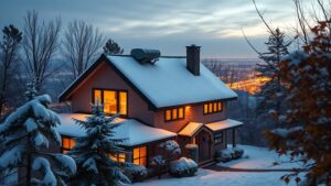 A contemporary Quebec home with a gleaming heat pump on the roof, nestled among snow‑capped trees and maple leaves, bathed in a warm, inviting glow. The backdrop features a crisp winter sky and subtle reflections of city lights.