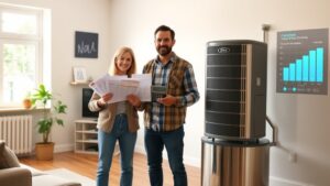 A homeowner in a sunny living room holds a stack of price quotes and a calculator, standing beside a gleaming heat‑pump unit on a sleek pedestal, with a subtle digital comparison chart projected on the wall behind them.