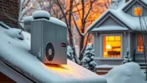 A sleek, modern heat pump unit mounted on a snow‑covered Quebec house roof, radiating warm golden light into a crisp, snowy street, while a cozy interior glow peeks through a nearby window, illustrating the flow of heat from outside to inside.