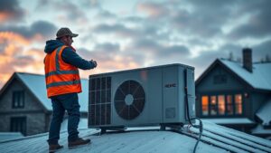 A professional HVAC technician in a bright reflective vest stands on a snowy Quebec roof, inspecting a sleek, modern heat pump unit that emits a warm glow against a dramatic winter sky. The scene includes subtle maple leaf accents and a backdrop of a traditional Quebec house, conveying expertise and reliability.