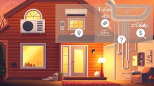 Illustrate a cozy Quebec home with three distinct thermopump setups: a sleek wall‑mounted unit on the front facade, a stylish multi‑split system with ceiling‑mounted coils and visible ductwork, and a large gainable duct network behind a wall, all bathed in warm, inviting light with subtle visual cues of cost like a stack of coins or a price tag icon subtly integrated into the scene.