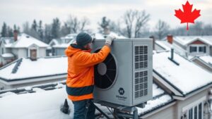 A skilled technician in a bright orange jacket carefully installs a sleek thermopump unit on a suburban Quebec home, surrounded by snow‑covered rooftops and a faint maple leaf motif in the sky. The scene captures the contrast between cutting‑edge technology and the chilly Canadian winter, hinting at the importance of choosing the right installer.