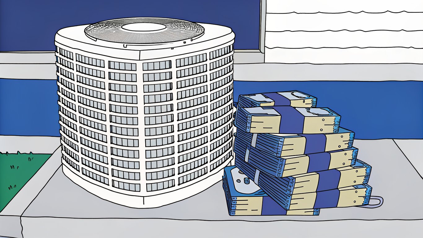 Stack of Canadian dollar bills next to a heat pump, symbolizing significant financial savings.