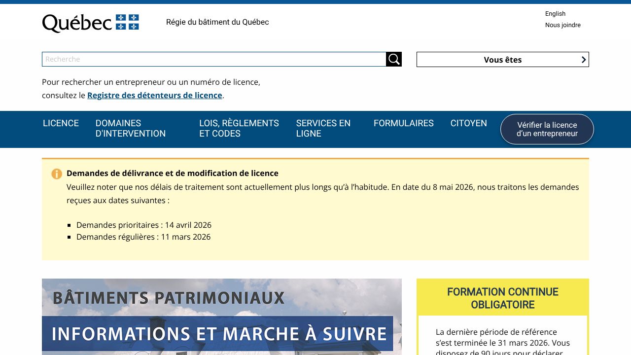 Screenshot of the Régie du bâtiment du Québec (RBQ) website homepage.