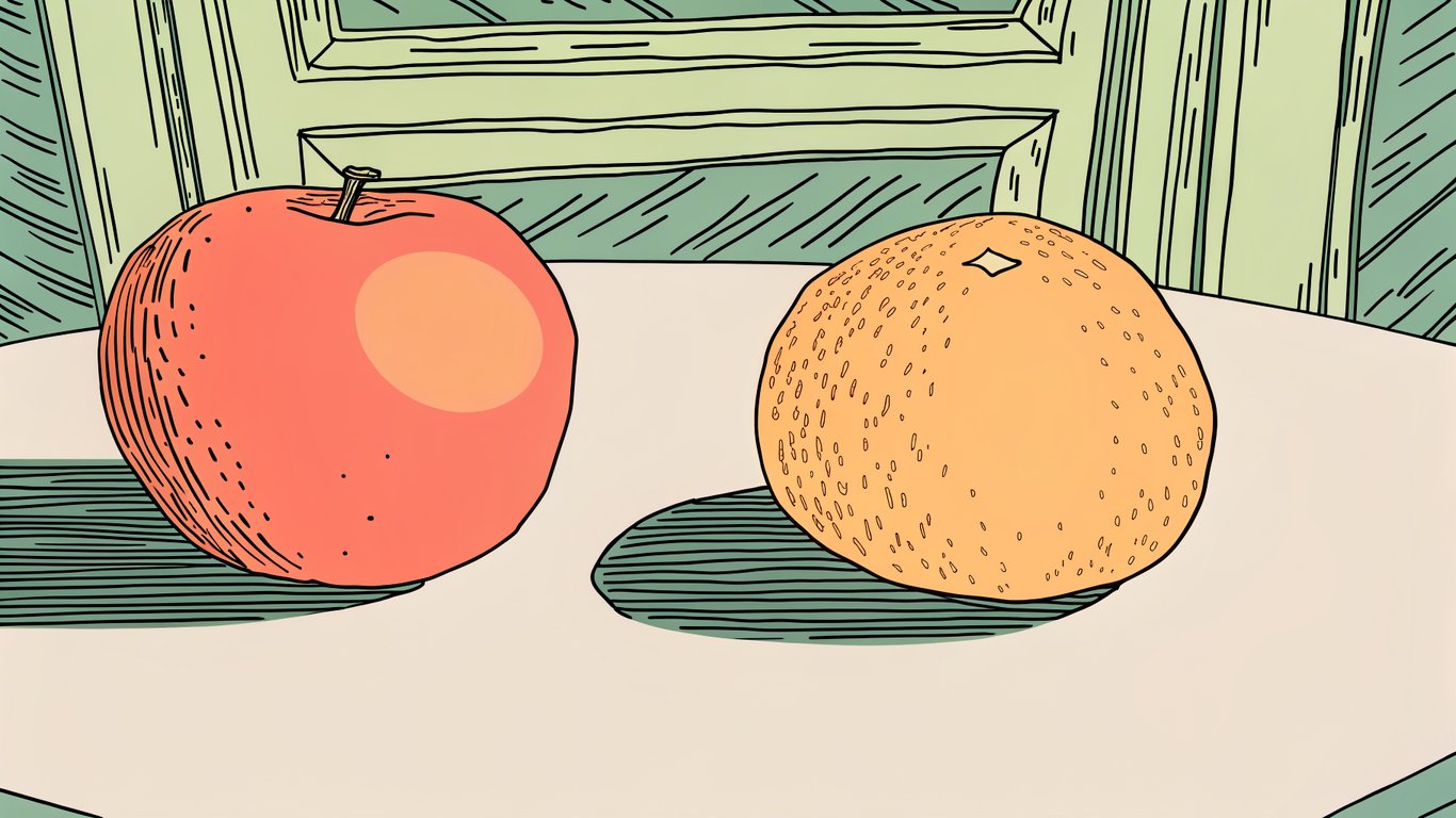 An apple and an orange side by side, symbolizing the difficulty of comparing dissimilar items.