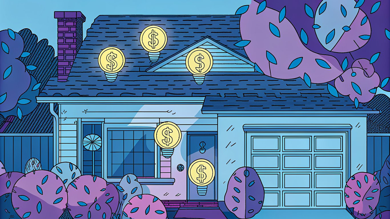 House with a heat pump, money, and energy saving icons