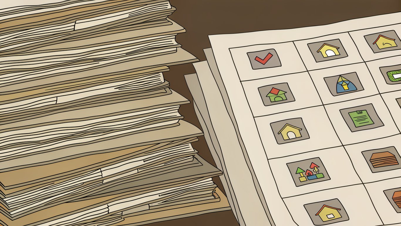 Stack of documents with icons for property, identity, and finance, next to a checklist