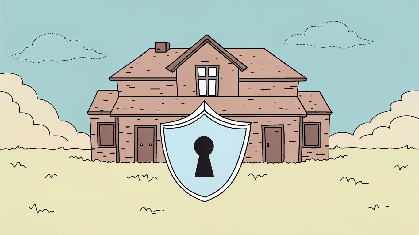 Shield protecting a house with a warning sign