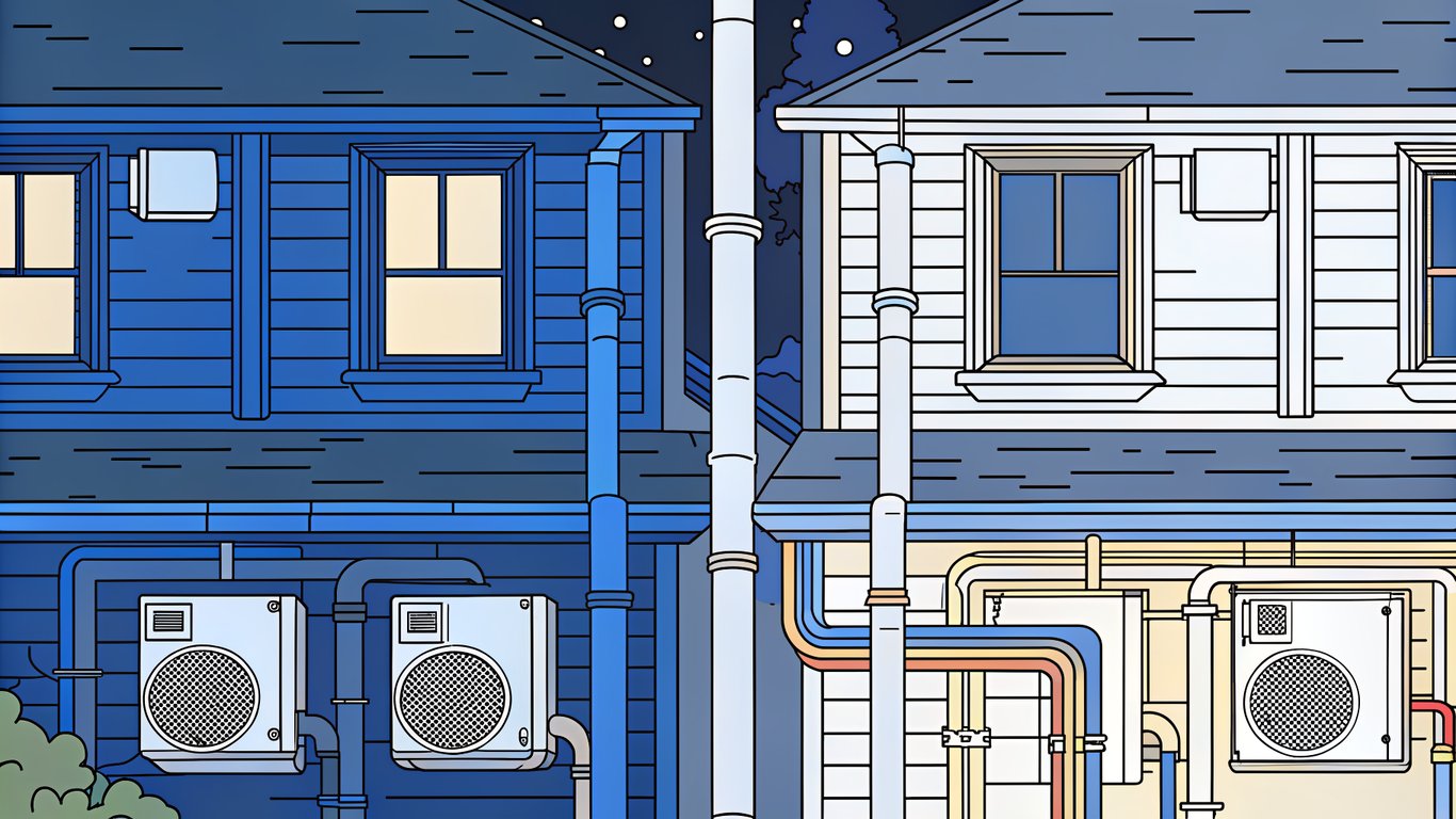 Illustration comparing four heat pump types: wall-mounted, central, geothermal, and multi-zone systems.