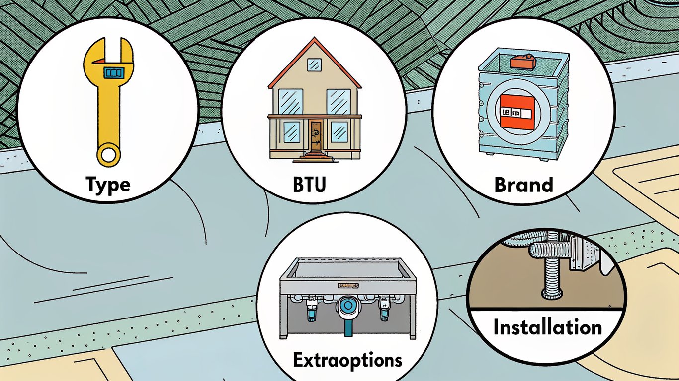 Infographic with icons representing five factors determining heat pump price: system type, BTU capacity, brand, installation, and additional options.