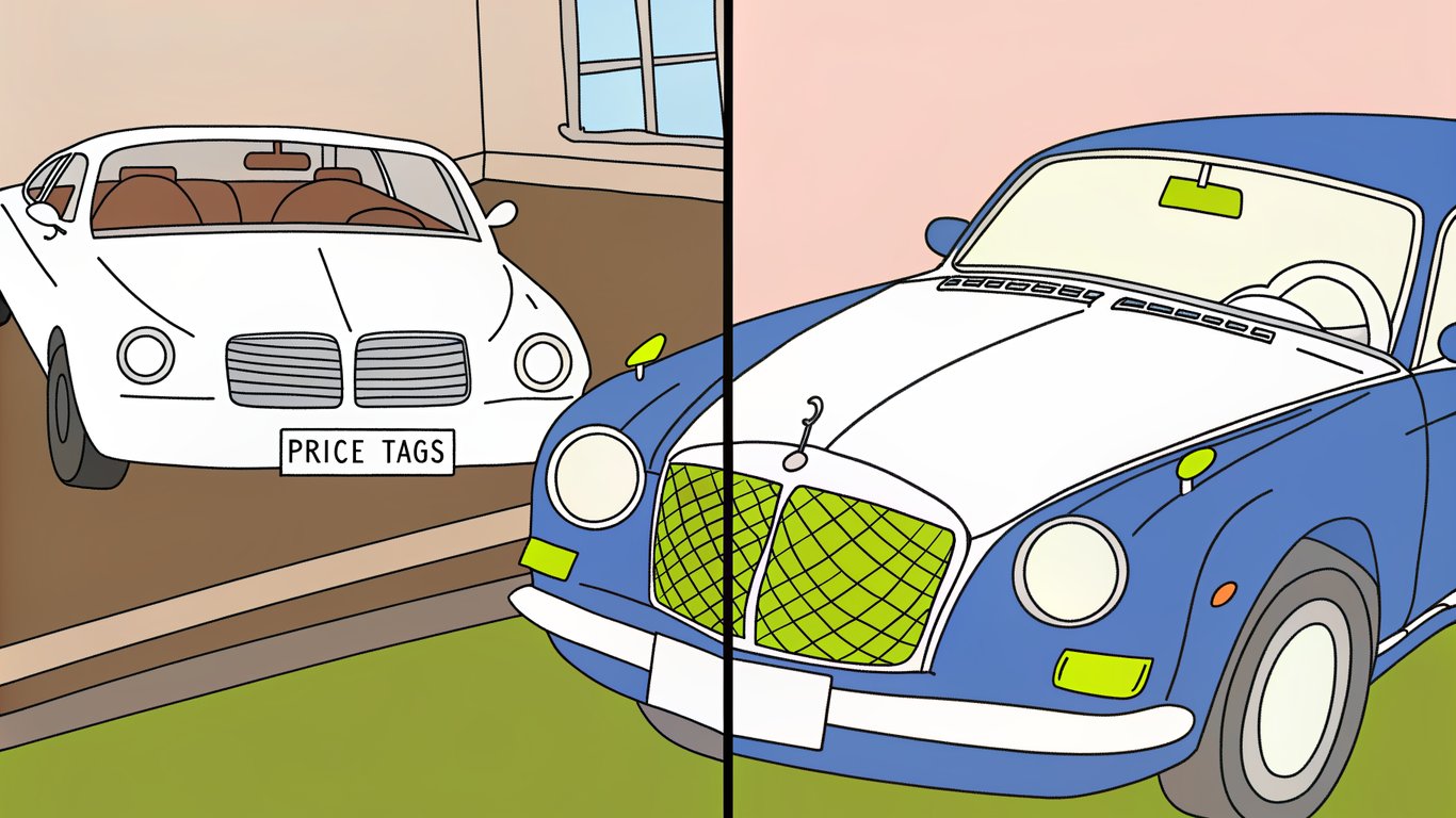 Illustration comparing a basic car and a luxury car with different price tags, symbolizing the wide price range of heat pumps.