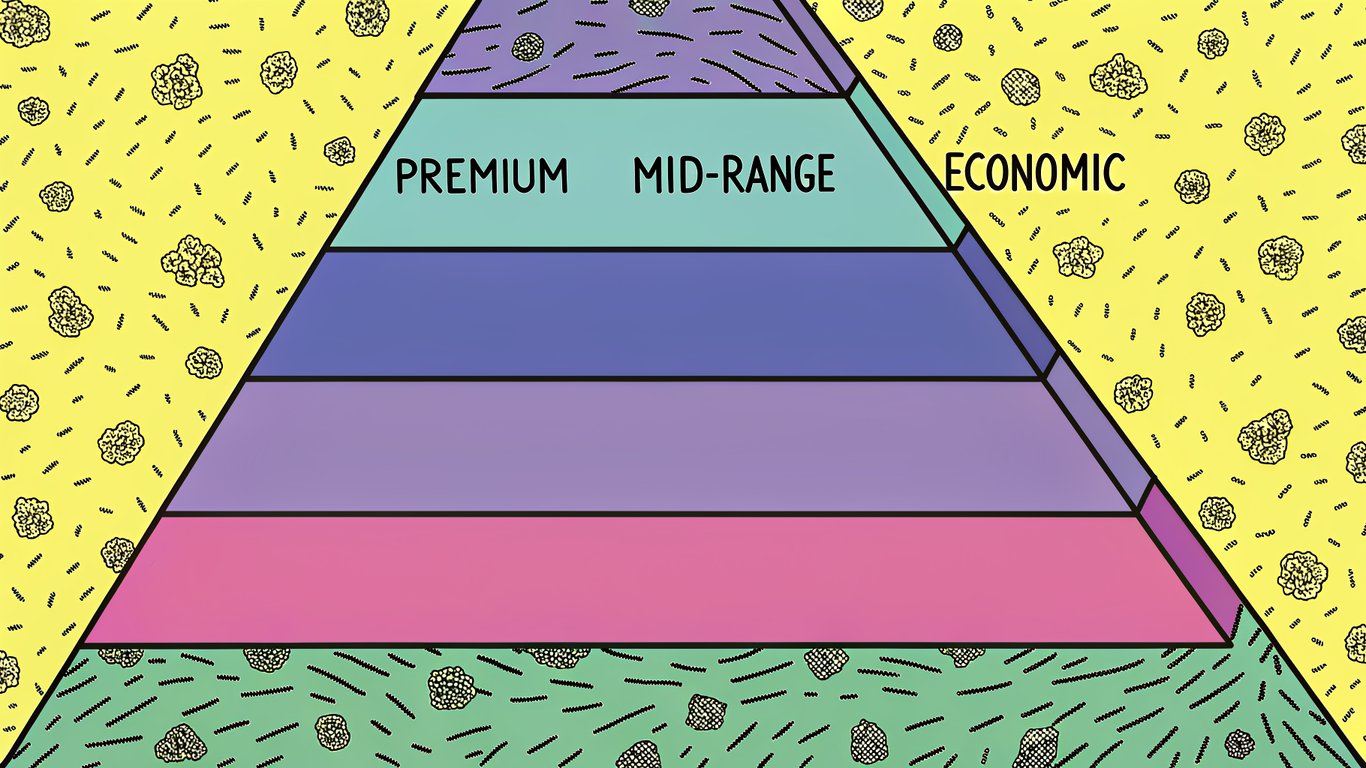 Pyramid diagram illustrating three tiers of heat pump brands: Premium, Mid-Range, and Economic, indicating varying quality and price.