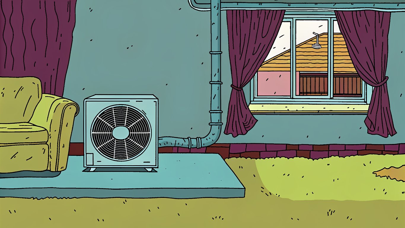 Illustration of an air-to-air mini-split heat pump with an outdoor unit and an indoor wall-mounted unit.