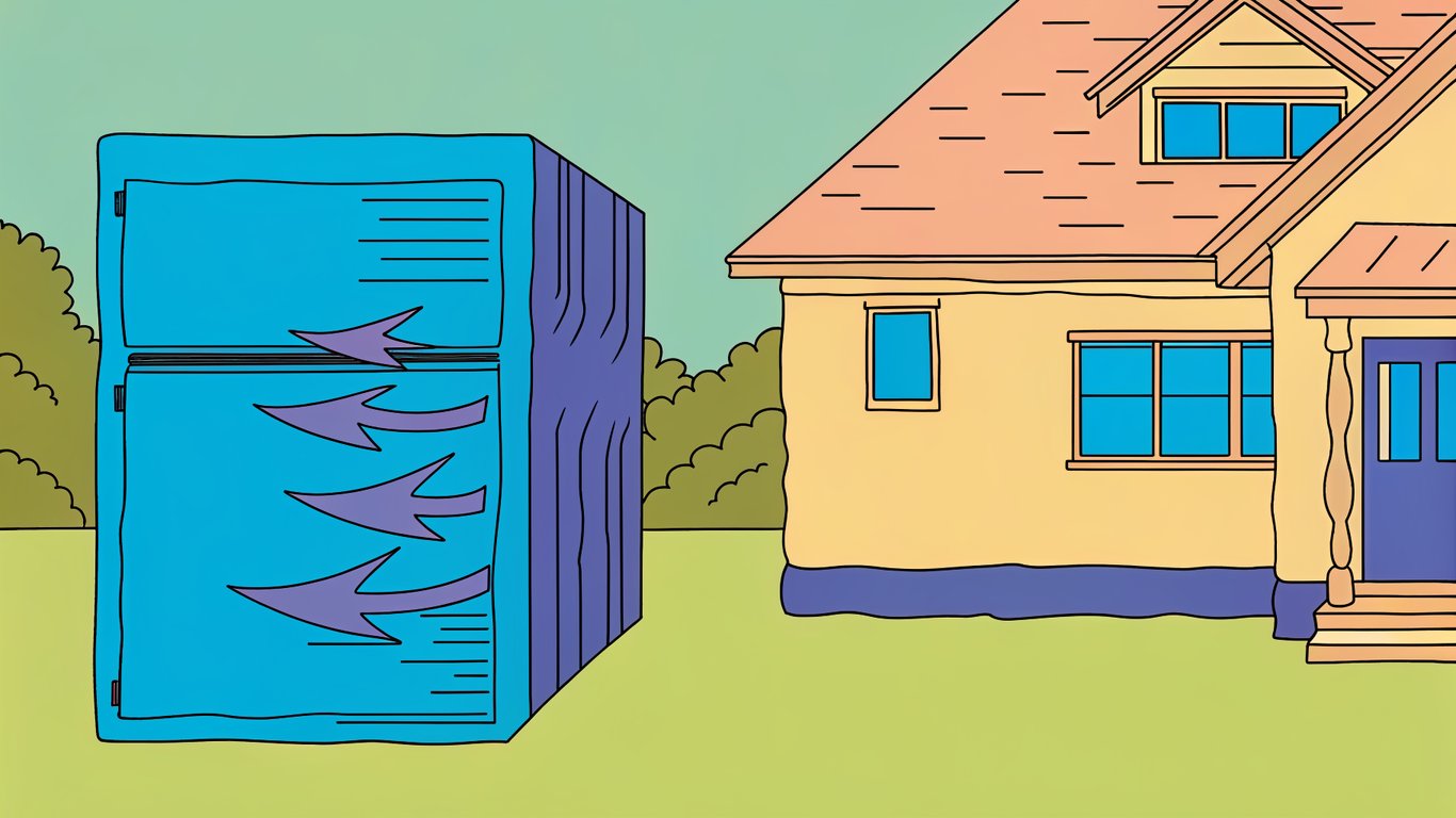 Illustration comparing a refrigerator extracting heat to a heat pump moving heat in and out of a house.