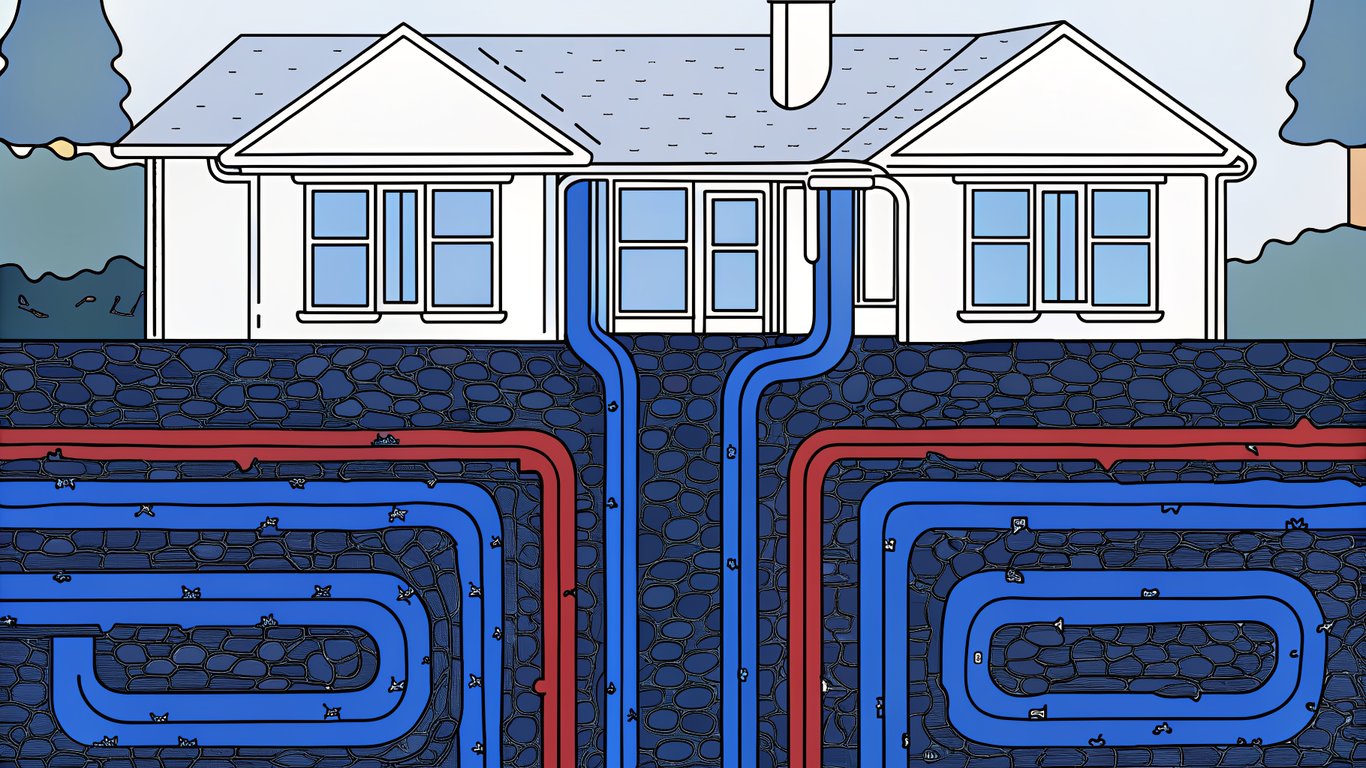 Diagram of a geothermal heat pump system with underground loops.
