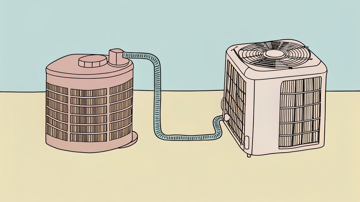 Illustration comparing an air-to-air heat pump system with an air-to-water heat pump system in a house setting.