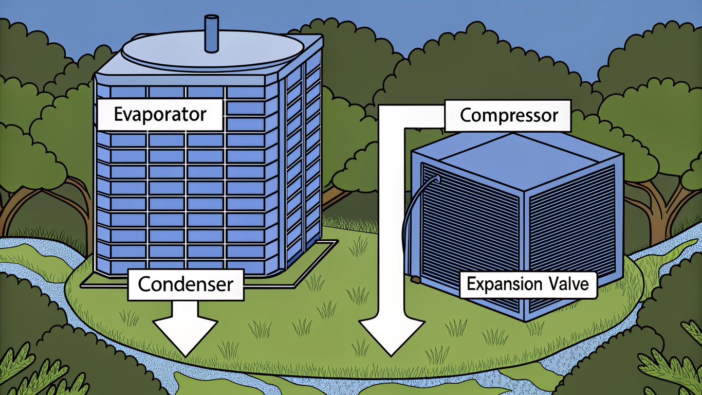 Diagram illustrating the refrigeration cycle of an air source heat pump, showing heat absorption, compression, heat release, and expansion.
