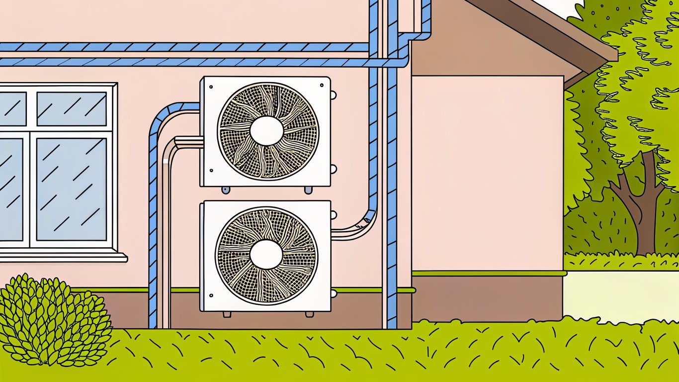 Diagram showing the main components of a split-system air source heat pump: an outdoor unit and an indoor unit connected by refrigerant lines.