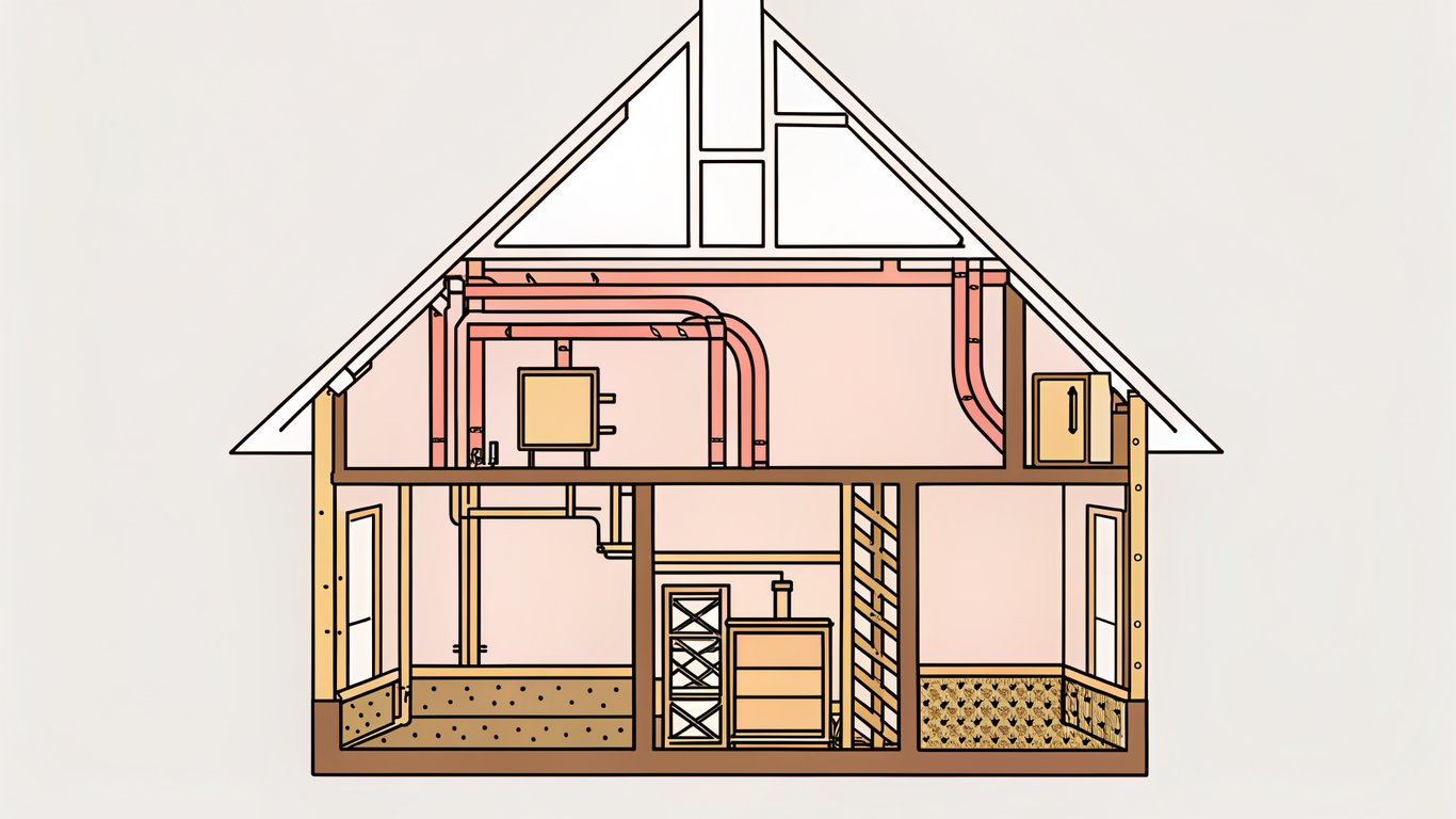 Illustration of a house interior with a central heat pump and a newly installed network of air ducts within walls and ceilings.