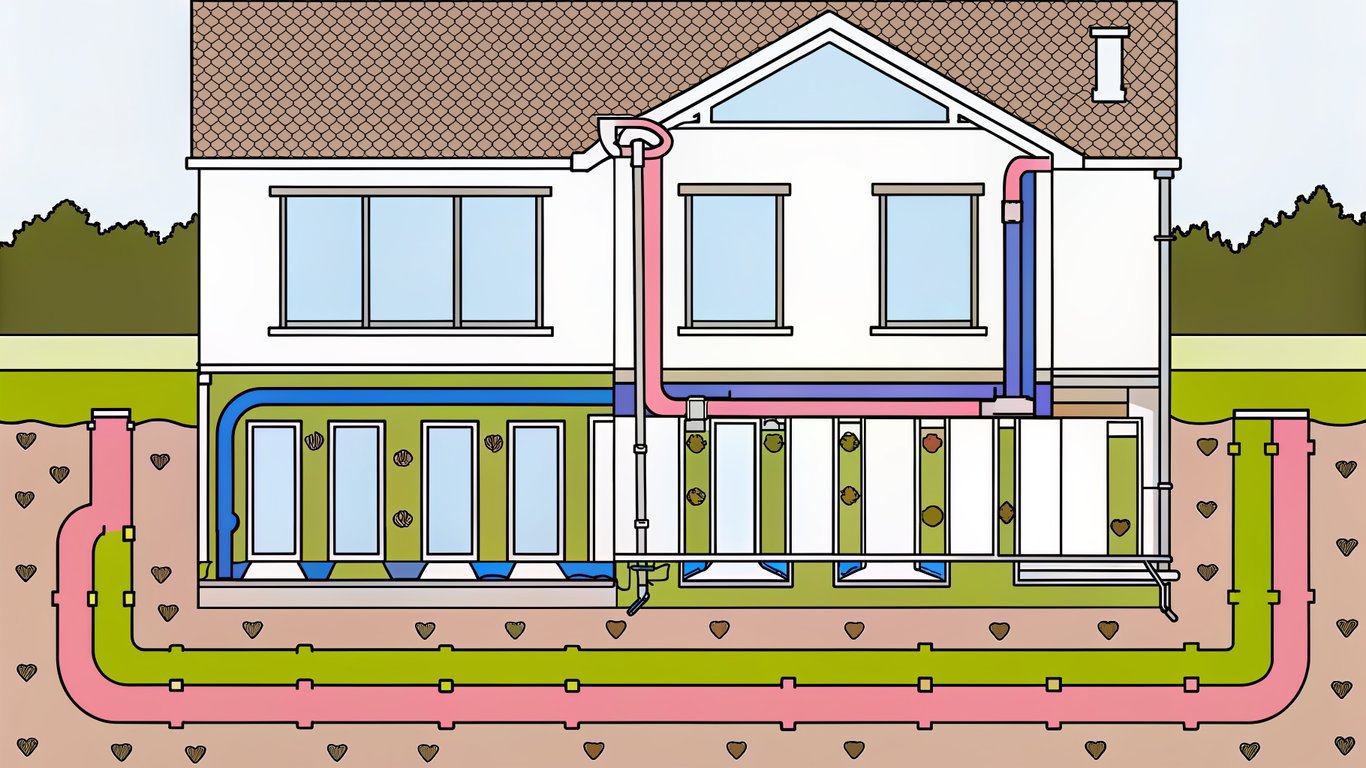 Diagram showing a house with a geothermal heat pump system, illustrating vertical ground loops buried deep underground.