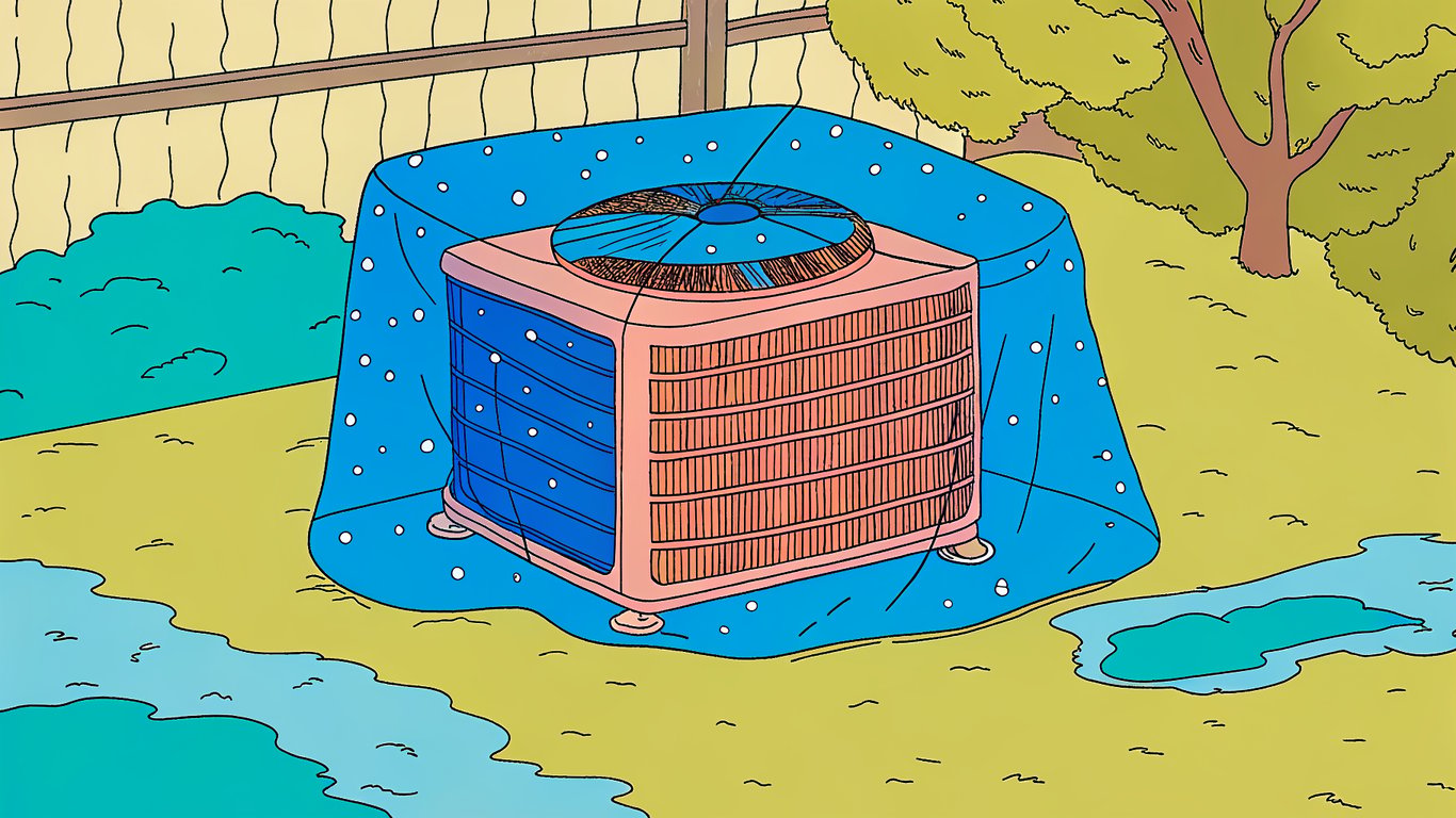 An outdoor heat pump unit protected by a shelter from snow and ice, with visible anti-vibration supports at its base.