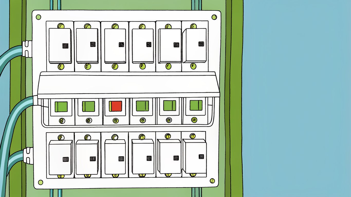 An electrical panel showing a tripped circuit breaker in the middle position.