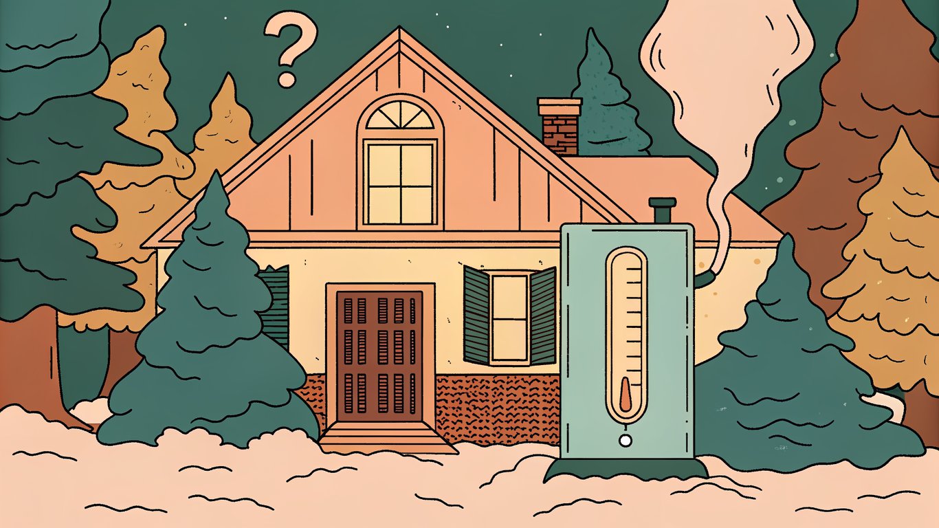 A house in a snowy landscape with a broken heat pump, symbolizing a heating problem in winter.