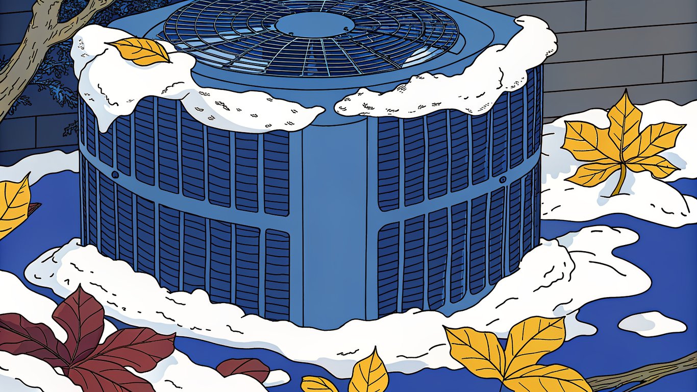 An outdoor heat pump unit covered in snow, ice, and leaves, indicating obstruction.