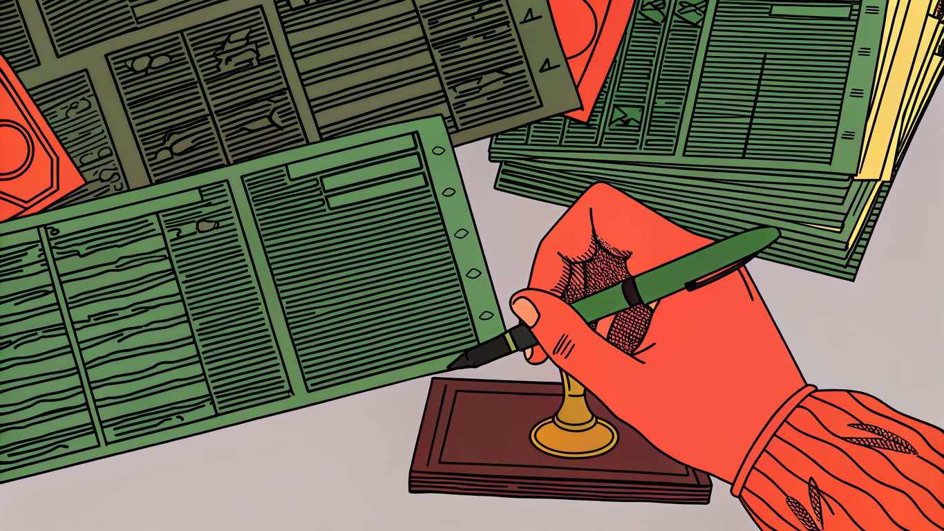 Illustration of official documents, a pen, and a stamp, representing government subsidies and certified installation requirements.