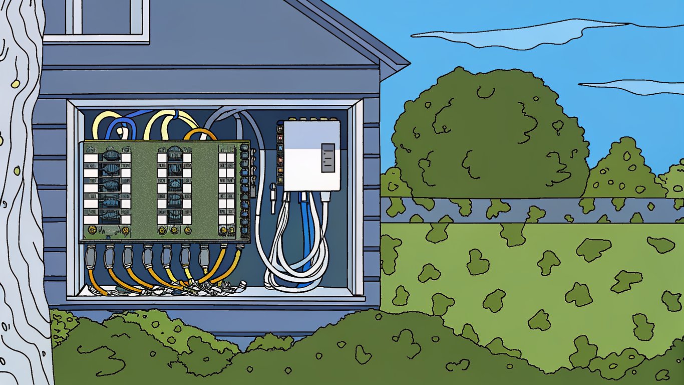 Illustration showing a house's electrical panel, wall insulation, and a tape measure, representing pre-installation checks for electrical capacity, insulation, and space.