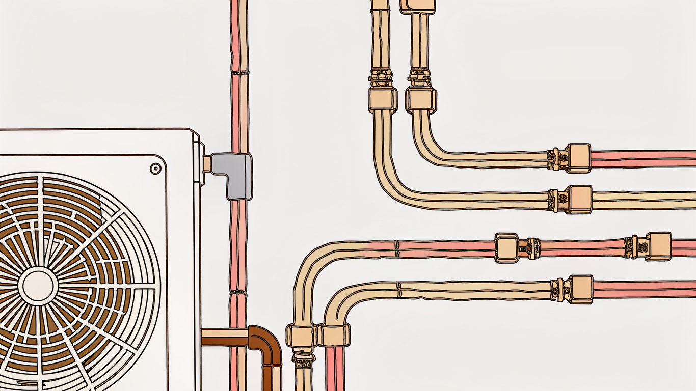 Illustration depicting the refrigerant lines and electrical connections between an indoor and outdoor thermopompe unit.