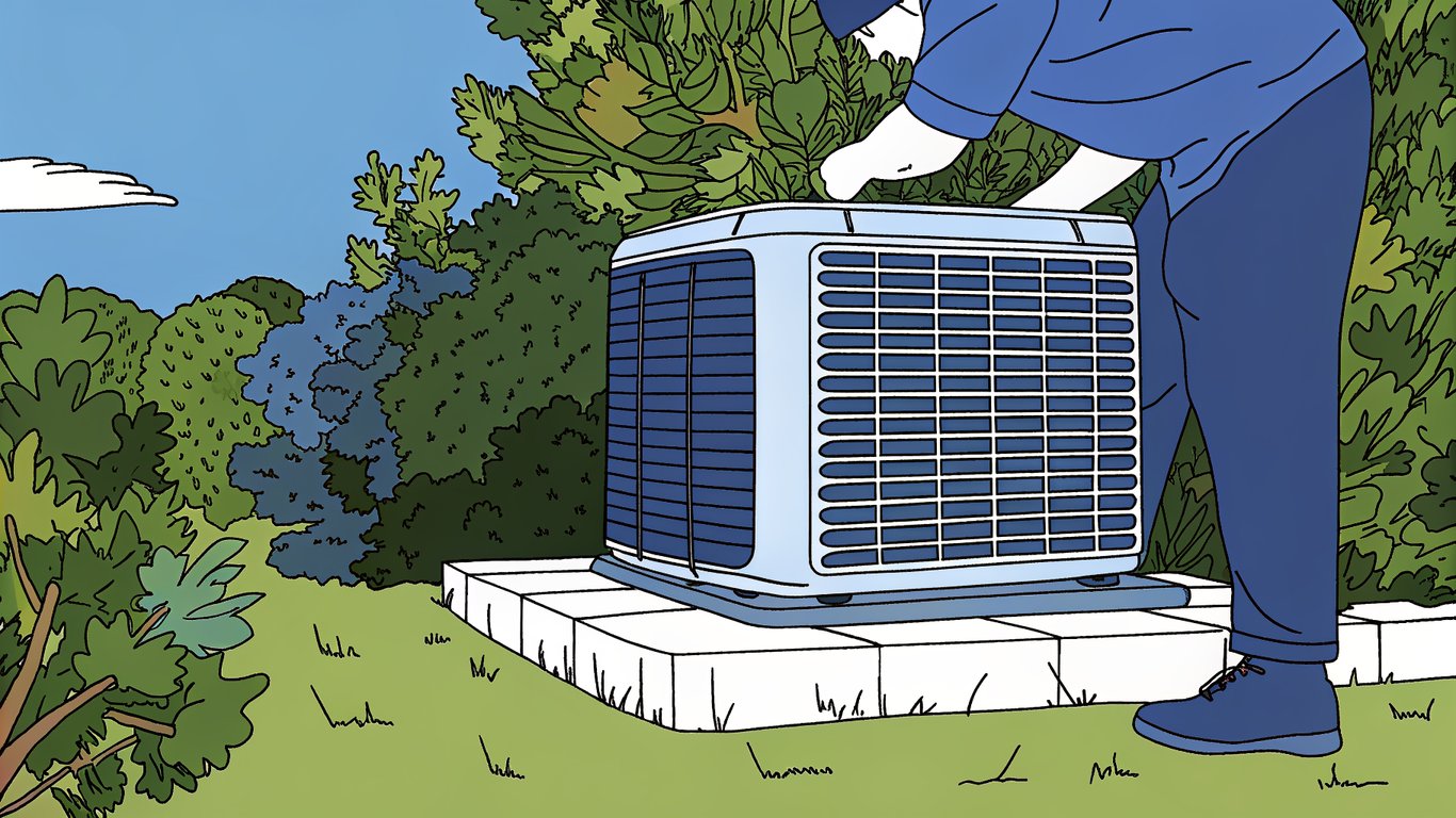 Illustration of an outdoor thermopompe unit being installed on a concrete slab, showing proper clearance from a building.