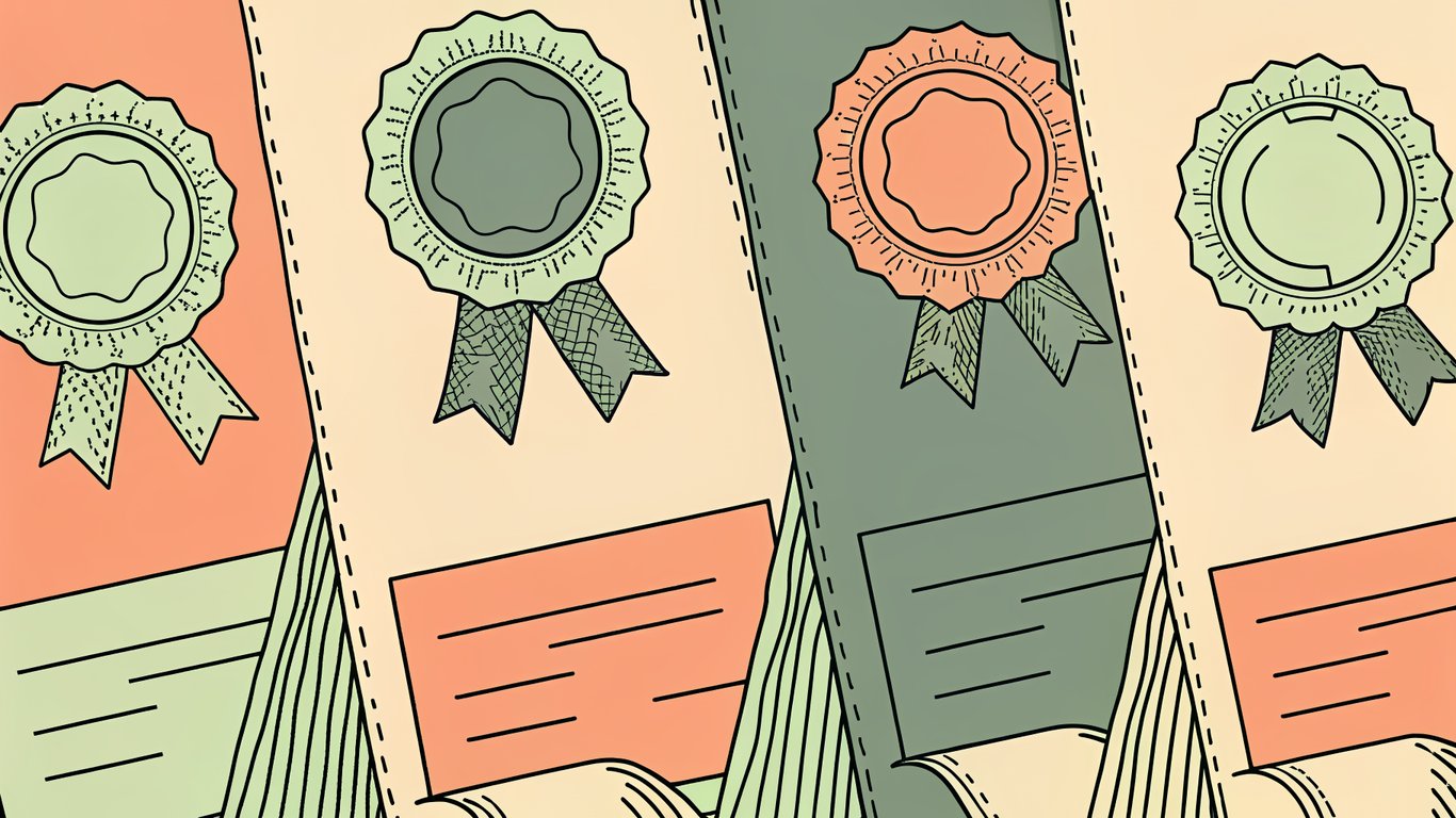 Illustration of various certification badges and seals, representing professional qualifications.