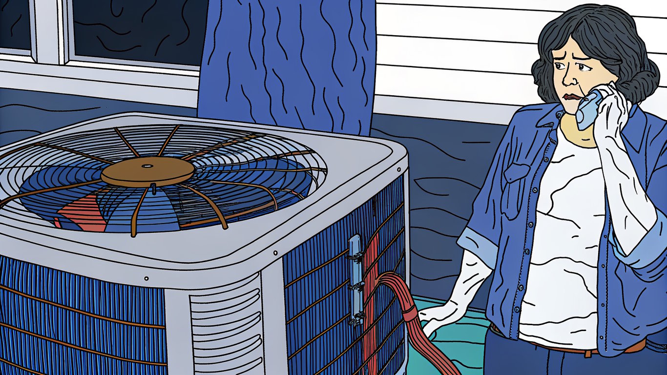 Illustration of a broken heat pump with a worried homeowner, symbolizing a bad installation.
