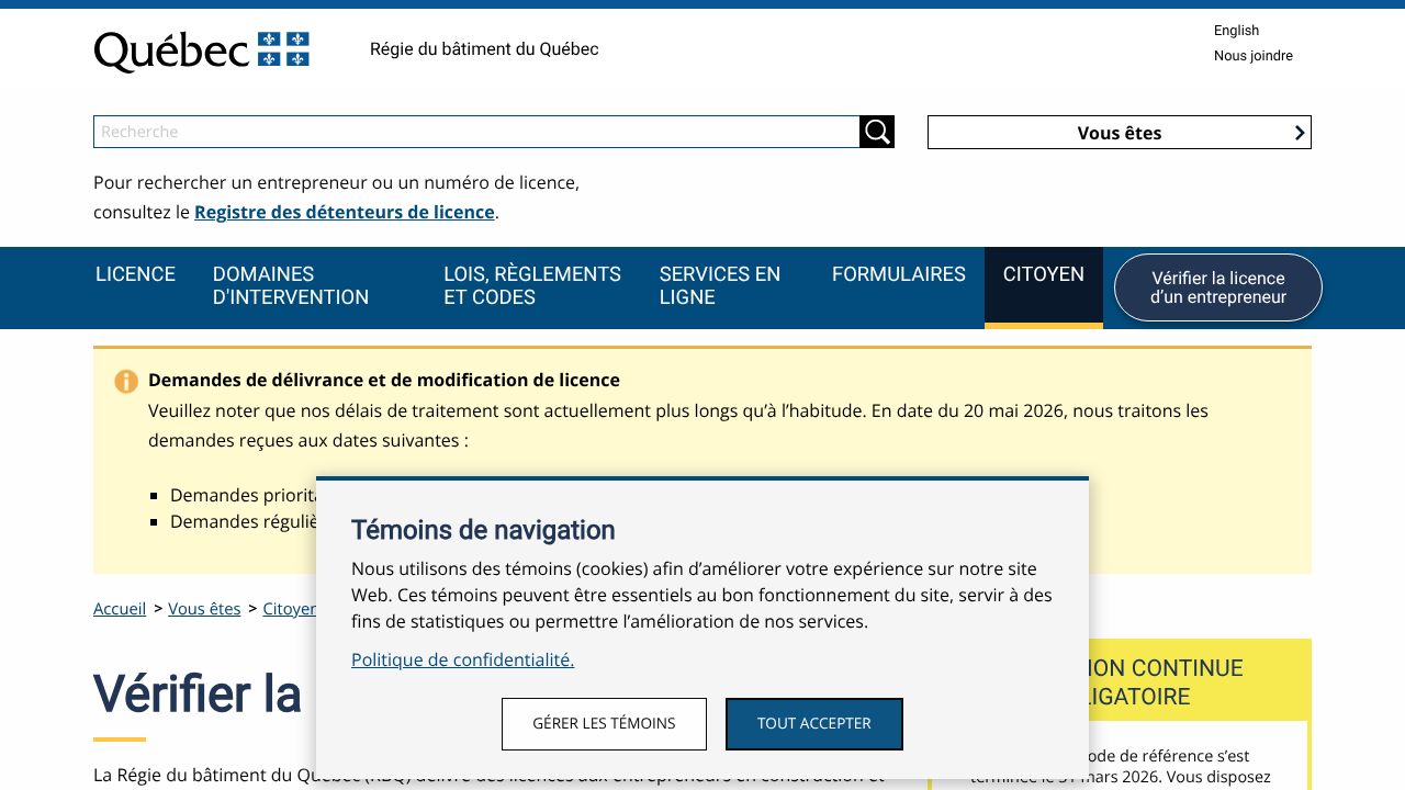 Screenshot of the Régie du bâtiment du Québec (RBQ) license verification tool.