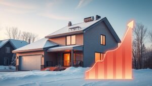 A modern, energy‑efficient home in a snowy Quebec setting, its rooftop heat pump gleaming against a clear sky, with a subtle, glowing infographic overlay illustrating a rising savings graph and a faint maple leaf motif in the background.
