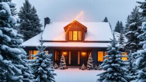 A sleek Quebec home surrounded by snow‑covered pine trees, its roof displaying a gleaming heat pump unit. A subtle, glowing savings graph rises from the windows, symbolizing annual energy savings.