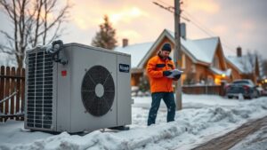 A close‑up of a sleek, modern heat pump unit on a snowy Quebec street, with a technician in a bright orange jacket inspecting it, surrounded by falling snow and a backdrop of a cozy, warmly lit home under a dramatic winter sky.