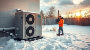 A sleek, modern heat pump unit gleaming against a snow‑covered Quebec backyard, a maintenance technician in a bright orange jacket inspecting it, with a subtle contrast of a warm, sunlit summer scene on the opposite side, all under a dramatic sky.