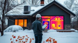 A snowy Quebec home with a sleek heat‑pump unit on the roof, a professional in a hard hat and clipboard standing beside a glowing thermal imaging screen that maps heat flow across the walls, maple leaves scattered at the base of the house.