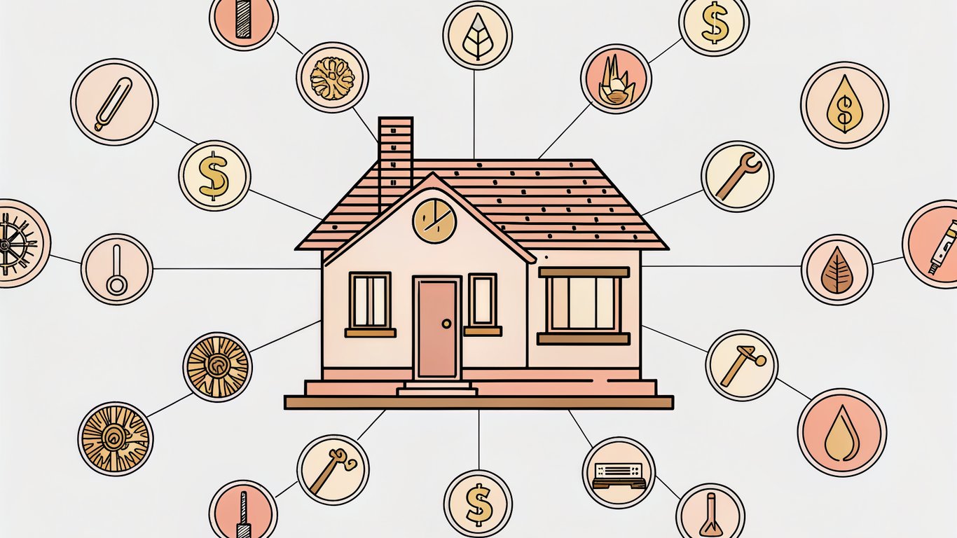 Illustration showing multiple factors like house size, insulation, climate, and current heating system influencing heat pump savings.
