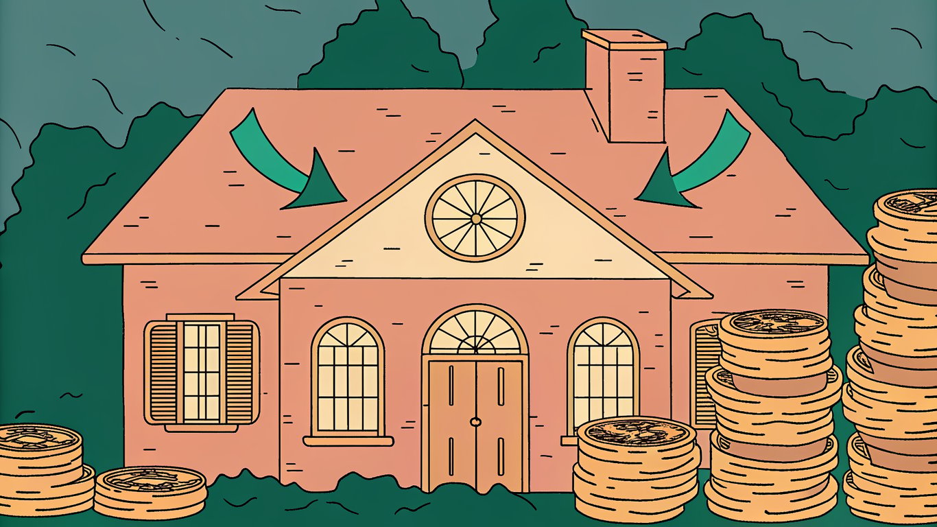 Illustration of a house with a heat pump, demonstrating energy efficiency and cost savings.
