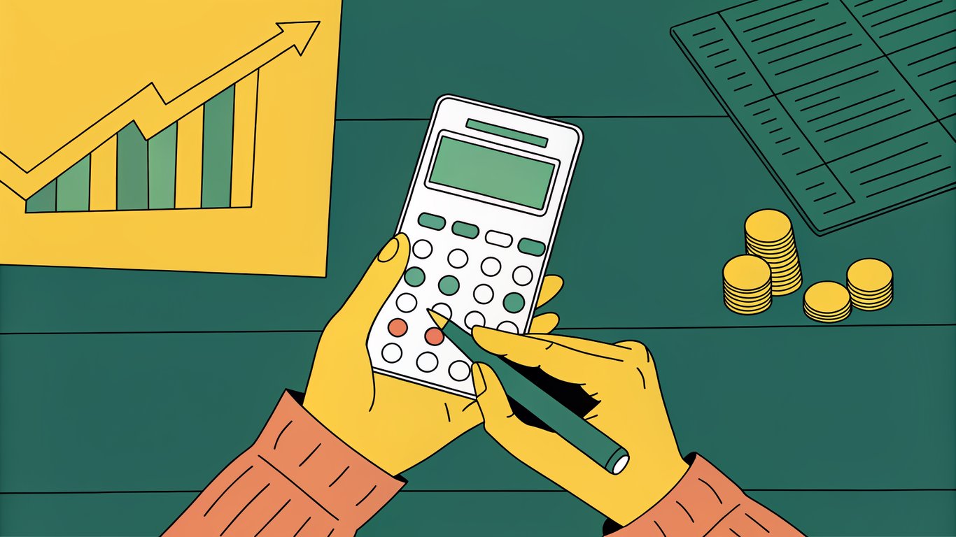 Illustration of a calculator, energy bills, and a pen, representing the process of calculating annual savings.