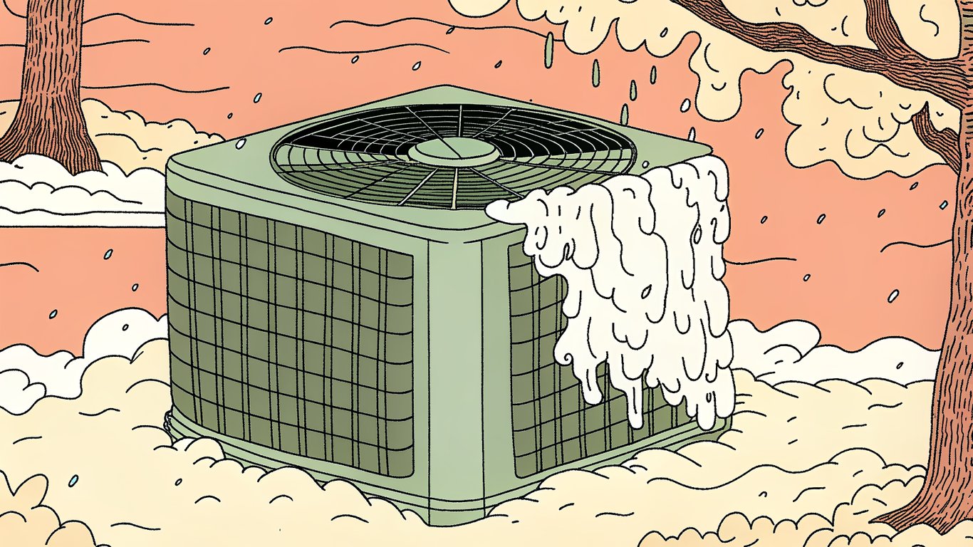 Outdoor heat pump unit battling snow and ice in a harsh winter environment.