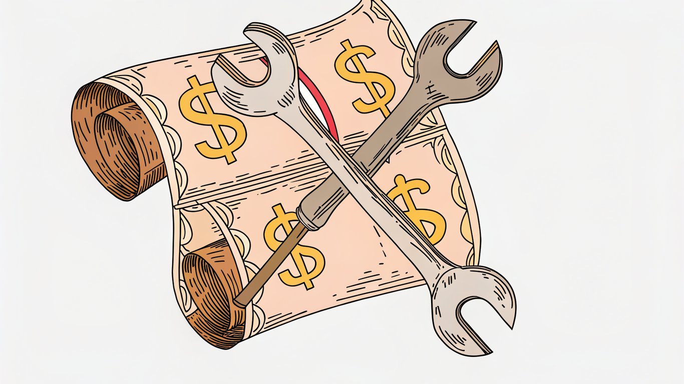 Legal document with Quebec emblem, wrench, and dollar sign, symbolizing maintenance regulations and financial impact.